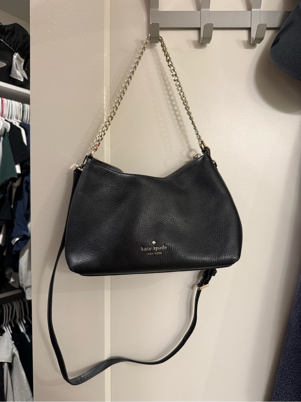 kate spade Black Pebbled Leather Shoulder Bag with Gold Chain